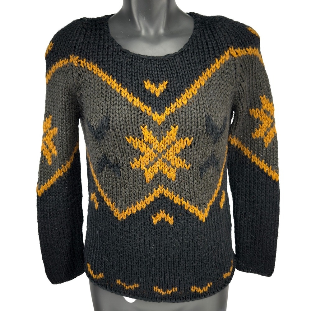MAJE Fair-Isle Knitted Sweater Black w/ Mustard Snowflake Accents Size 2 (S)
